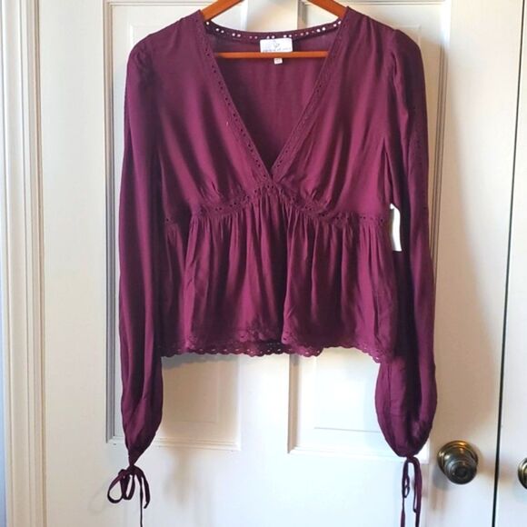 NWT PATRONS OF PEACE MAROON CROP BABYDOLL TOP PUFF SLEEVE V-NECK SMALL BOJO - Picture 1 of 10
